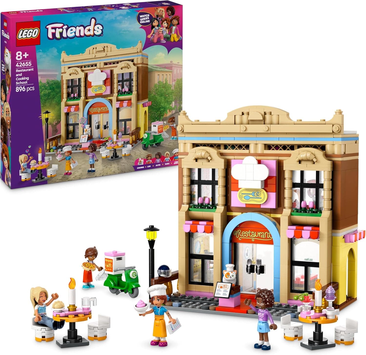 LEGO Friends 42655 | Restaurante e escola de cozinha de construção com 4 mini figuras e gato para crianças a partir dos 8 anos