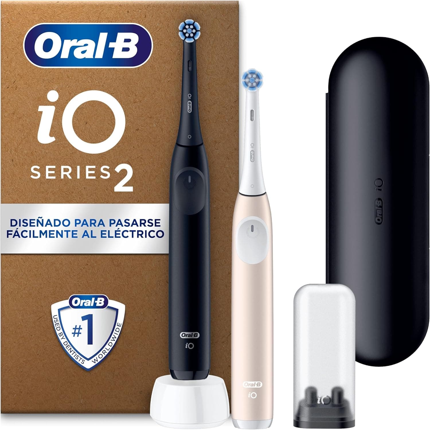 Oral-B iO 2 Pack de 2 escovas de dentes elétricas preto noite e rosa suave, 2 cabeças, 1 estojo de viagem, 1 suporte de substituição, 3 modos de escovagem, sensor de pressão e temporizador