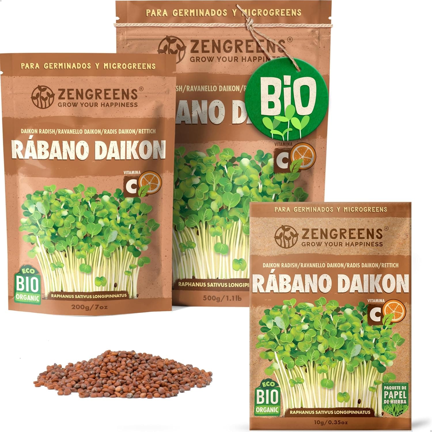 ZenGreens® - Sementes de rabanete daikon ecológicas - escolha entre 10 g, 200 g e 500 g - brotos de rabanete daikon - germinação de mais de 97 % - Microgreens