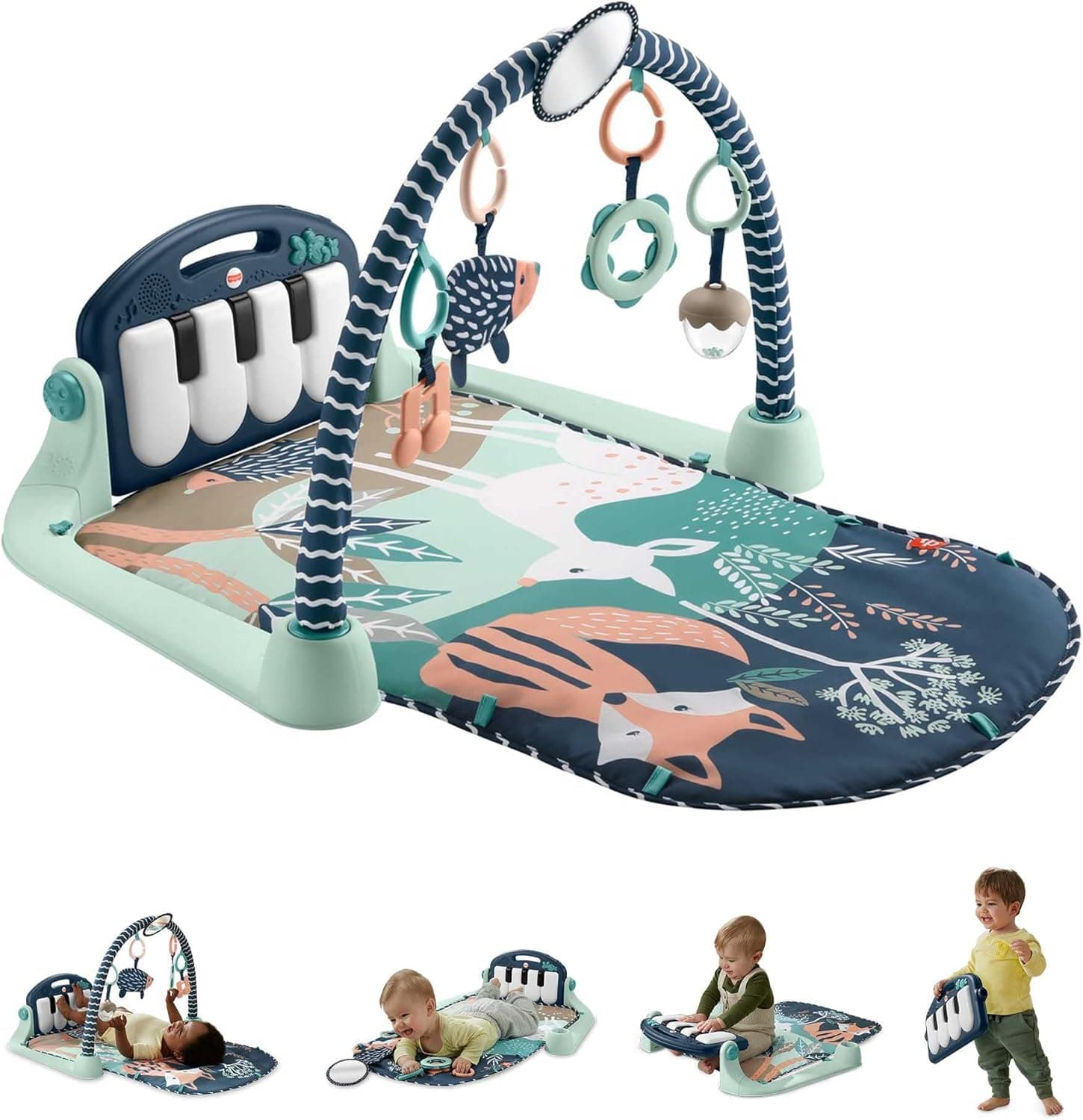 Fisher-Price Tapete de ginásio de atividades com piano com sons e acessórios, motivo floresta, brinquedo para bebé recém-nascido (Mattel HKX37)