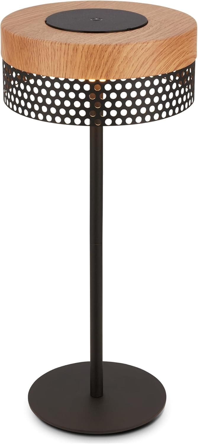 BRILONER - Candeeiro de mesa LED IP44 sem fios com ecrã táctil, regulável, bateria substituível, candeeiro de cabeceira sem fios, candeeiro de mesa recarregável, 16 x 35 cm, madeira preta