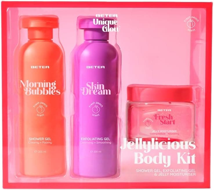 Beter - Conjunto de cuidados corporais Jellylicious Body, conjunto de duche de 3 peças com gel de banho, esfoliante corporal e gel hidratante, aroma de pêssego, ideal para revitalizar a pele, conjunto