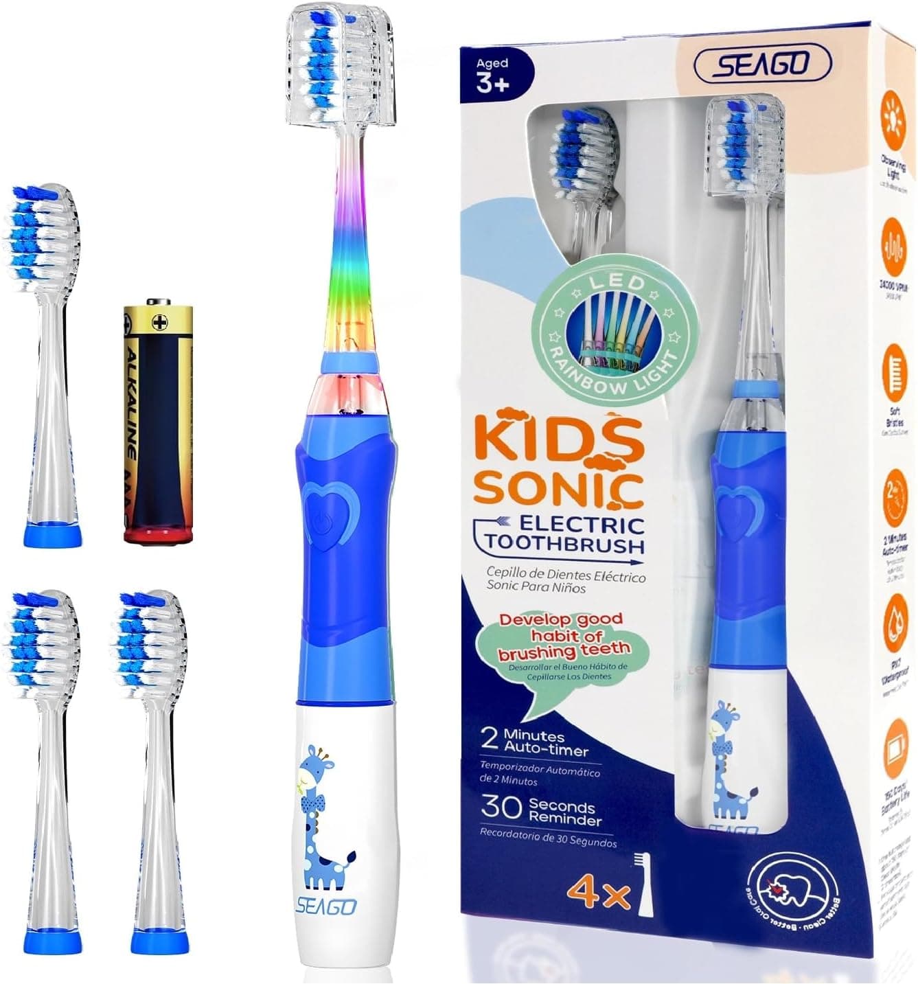 Escova de dentes elétrica para crianças dos 3 aos 12 anos, temporizador de 2 minutos para bons hábitos, 4 cabeças de substituição macias, pilhas AAA incluídas, LED colorido para uma escovagem