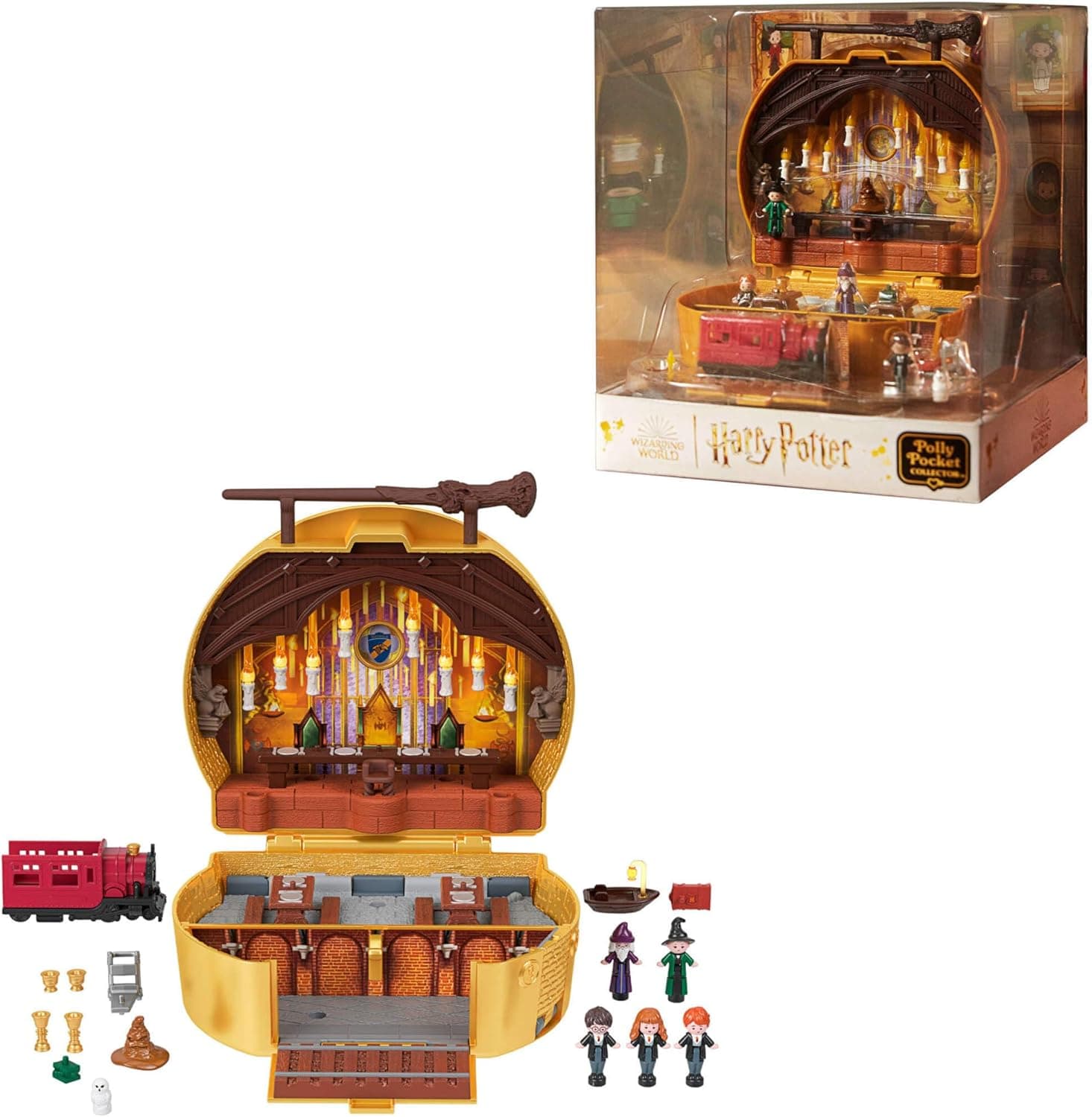 Polly Pocket Estojo Harry Potter em forma de castelo de Howarts com 5 mini bonecas e 6 acessórios, brinquedo para colecionadores inspirado no filme, 4 anos (HRD56)