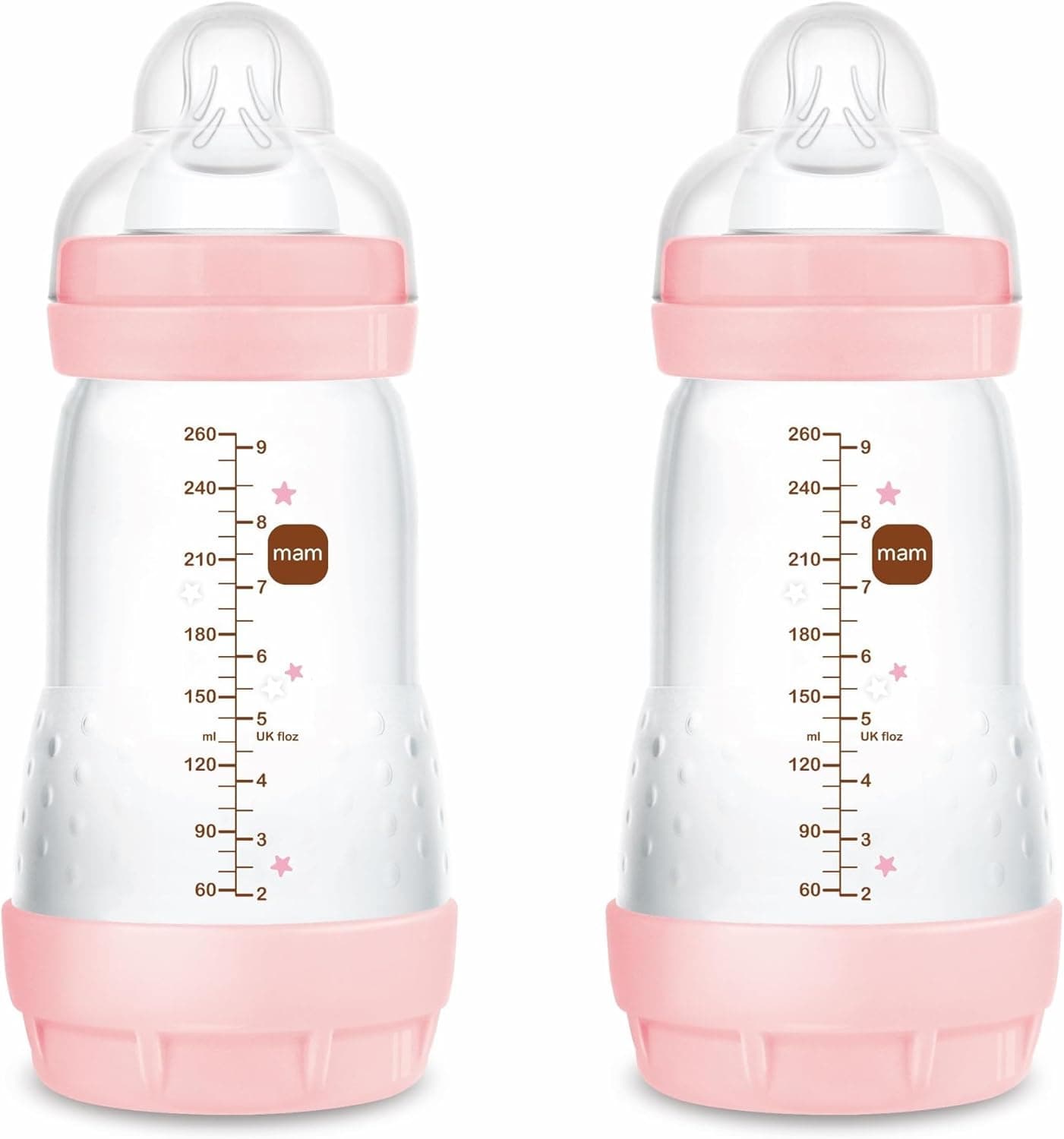 MAM Easy Start Anti-Colic | Pack de 2 biberões anticólicas autoesterilizáveis de 260 ml para bebés, tetina de silicone fluxo médio