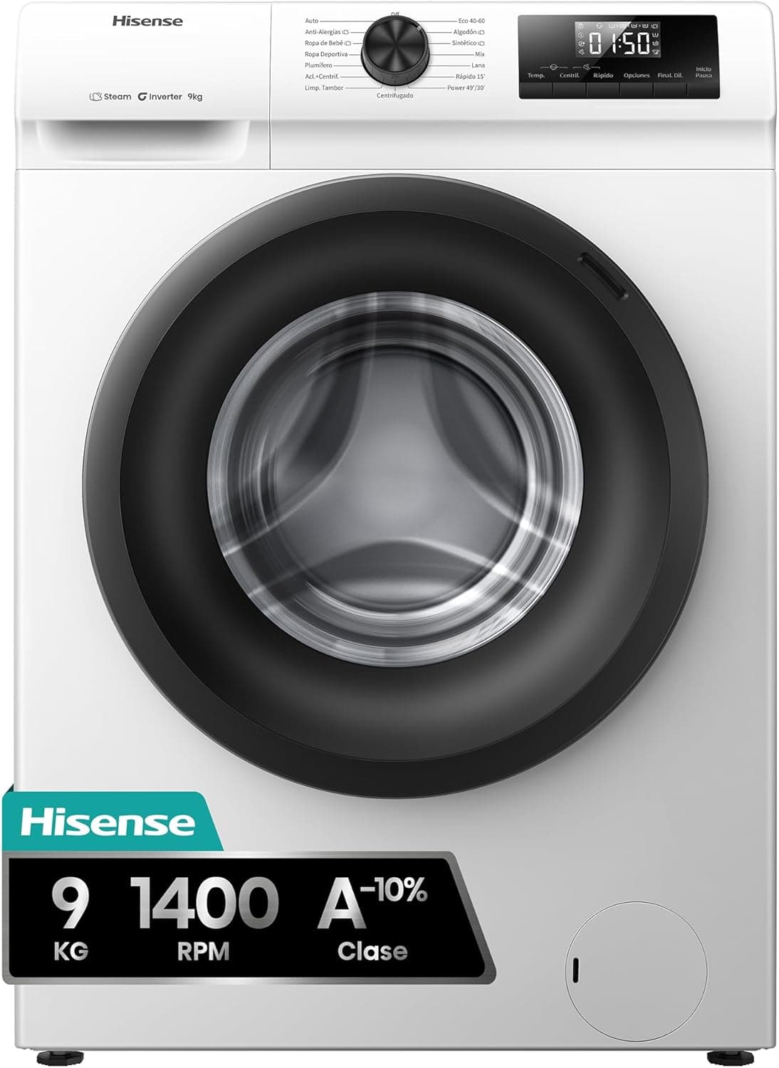 Hisense WF1Q9041BW - Máquina de lavar roupa, classe A, 9 kg, 1400 rpm, altura 84,5 cm x largura 59,5 cm, branco, função de vapor 99,9 %, lavagem rápida, lavagem automática, conclusão diferida