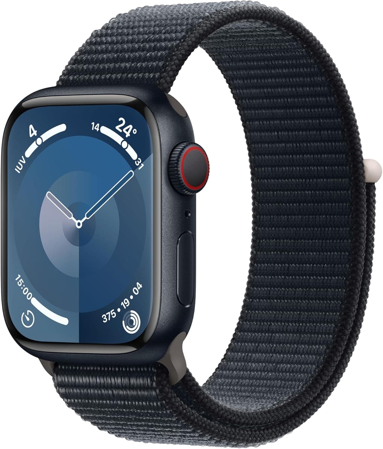 Apple Watch Series 9 [GPS + Cellular] Smartwatch com caixa de alumínio em cor meia-noite de 41 mm e correia desportiva de forma média noite. Monitor de treino, neutro em carbono