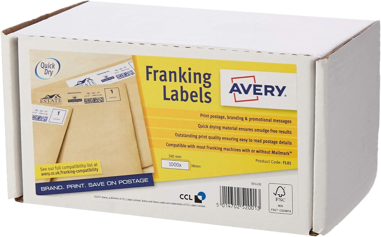 Avery FL01 - Pacote de 1000 etiquetas de direção (140 x 38 mm), branco