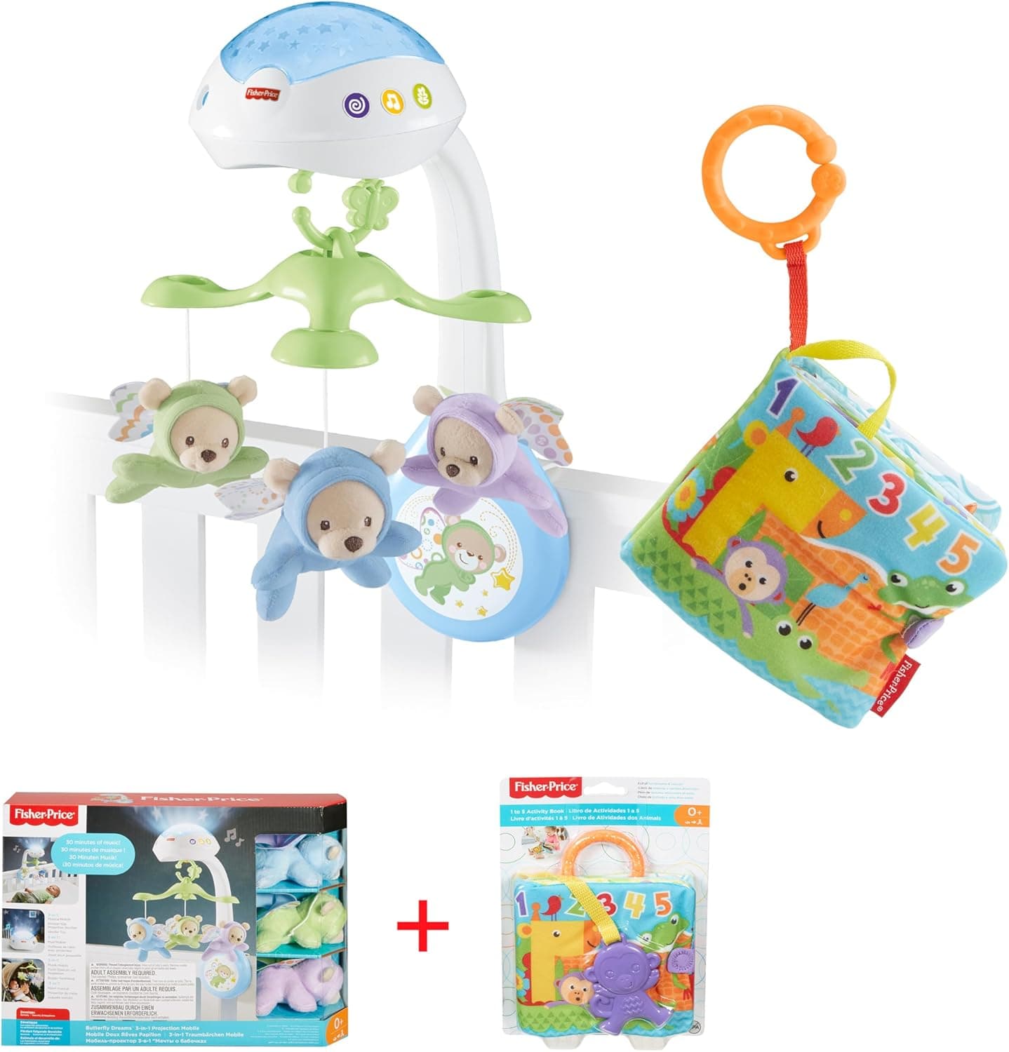 Fisher-Price - Pacote de 2 brinquedos - ursinhos voadores móveis (CDN41) livro atividades (FGJ40). Móvel de berço giratório com luzes e sons. Brinquedo para pendurar na cadeira. Bebés recém-nascidos