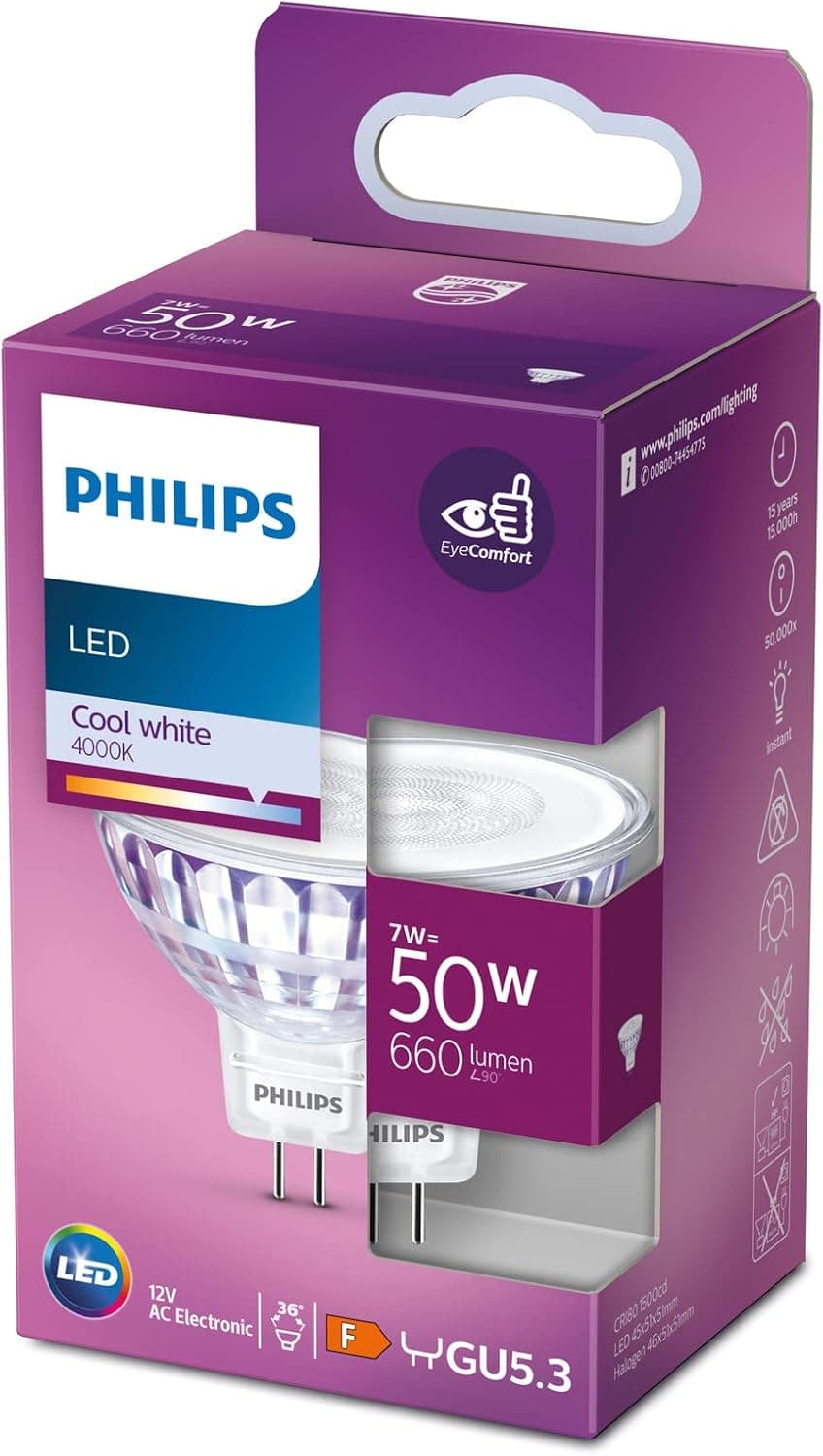 Philips MR16 LED | Lâmpada LED 50 W luz branca fria com ângulo de 36° não regulável