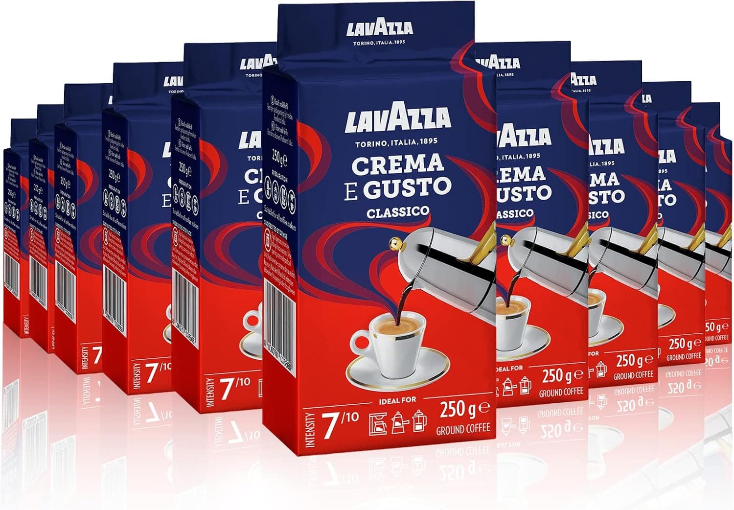 Lavazza, Creme e gosto clássico, café moído natural, 10 x 250 g, para cafeteira italiana, de filtro e francesa, com notas de especiarias, árabe e robusta, intensidade 7, torção escura, Amazon