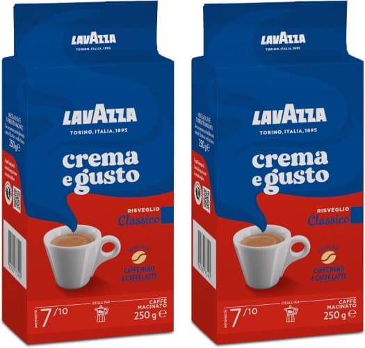 Lavazza, Creme e gosto clássico, café moído natural, ideal para cafeteira italiana, de filtro e francesa, com notas aromáticas de especiarias, árabe e robusta, intensidade 7, torção escura, 250 g x 2