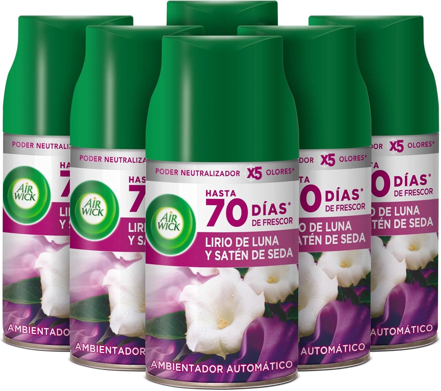 Air Wick Freshmatic - recargas de purificadores de ar em spray automático, essência doméstica de fragrâncias Moon Lily e Silk Satin - pacote de 6