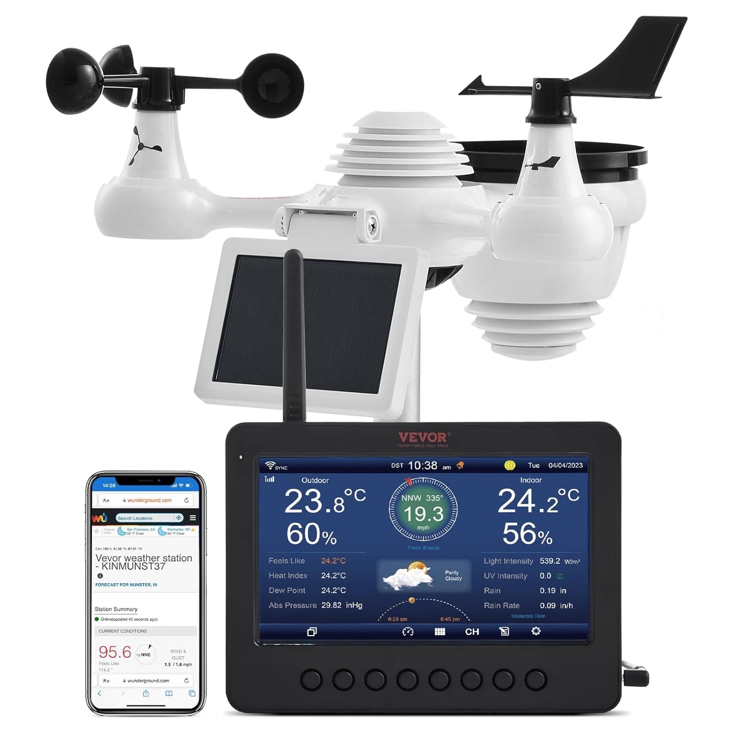 VEVOR Estação meteorológica sem fios 7 em 1, com Wi-Fi, ecrã a cores TFT, sensor exterior de energia solar, monitorização de temperatura, humidade, velocidade / direção do vento, precipitação