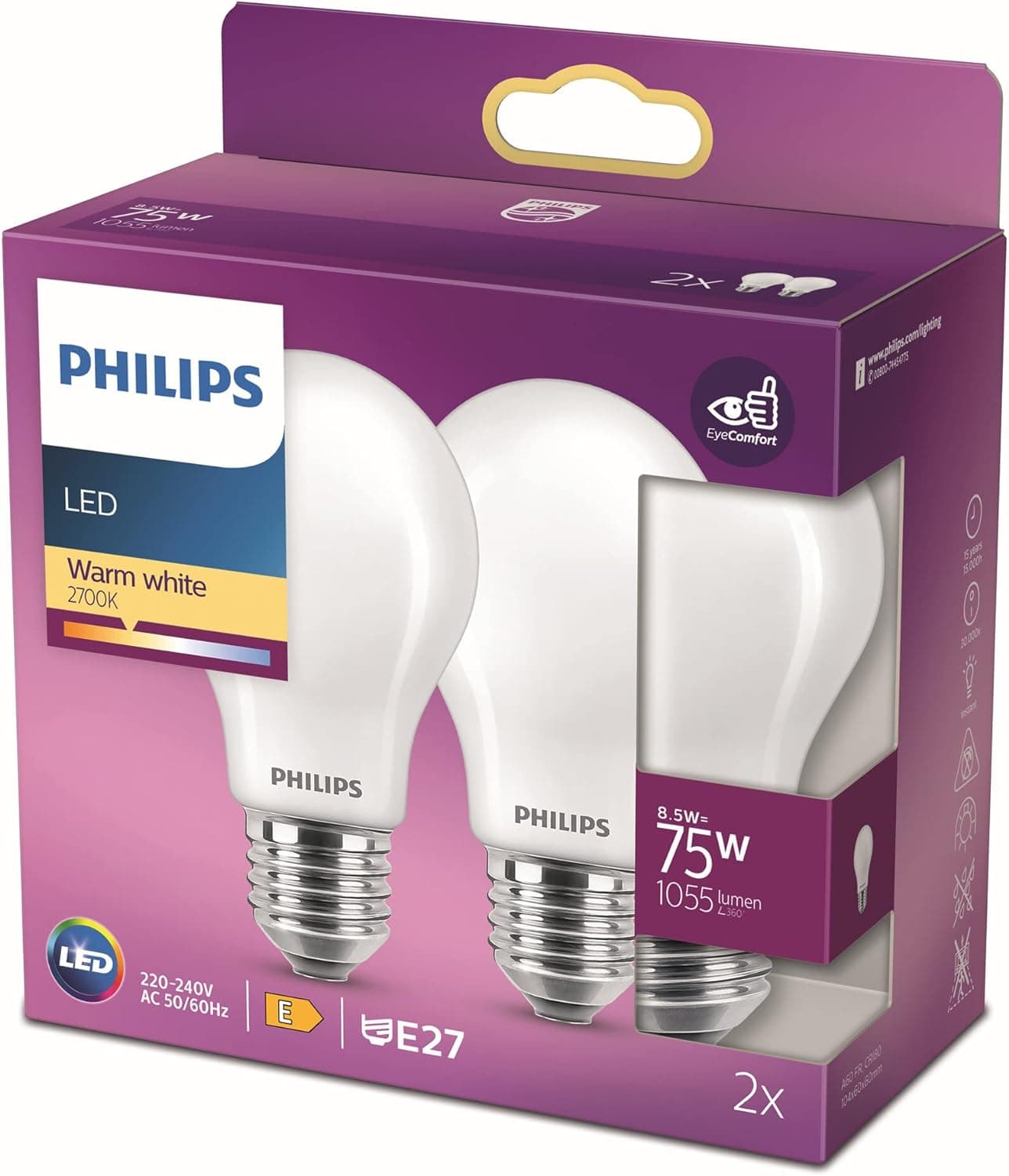 Philips - Lâmpada LED de vidro 75W padrão E27 luz branca quente, mate, não regulável pack 2