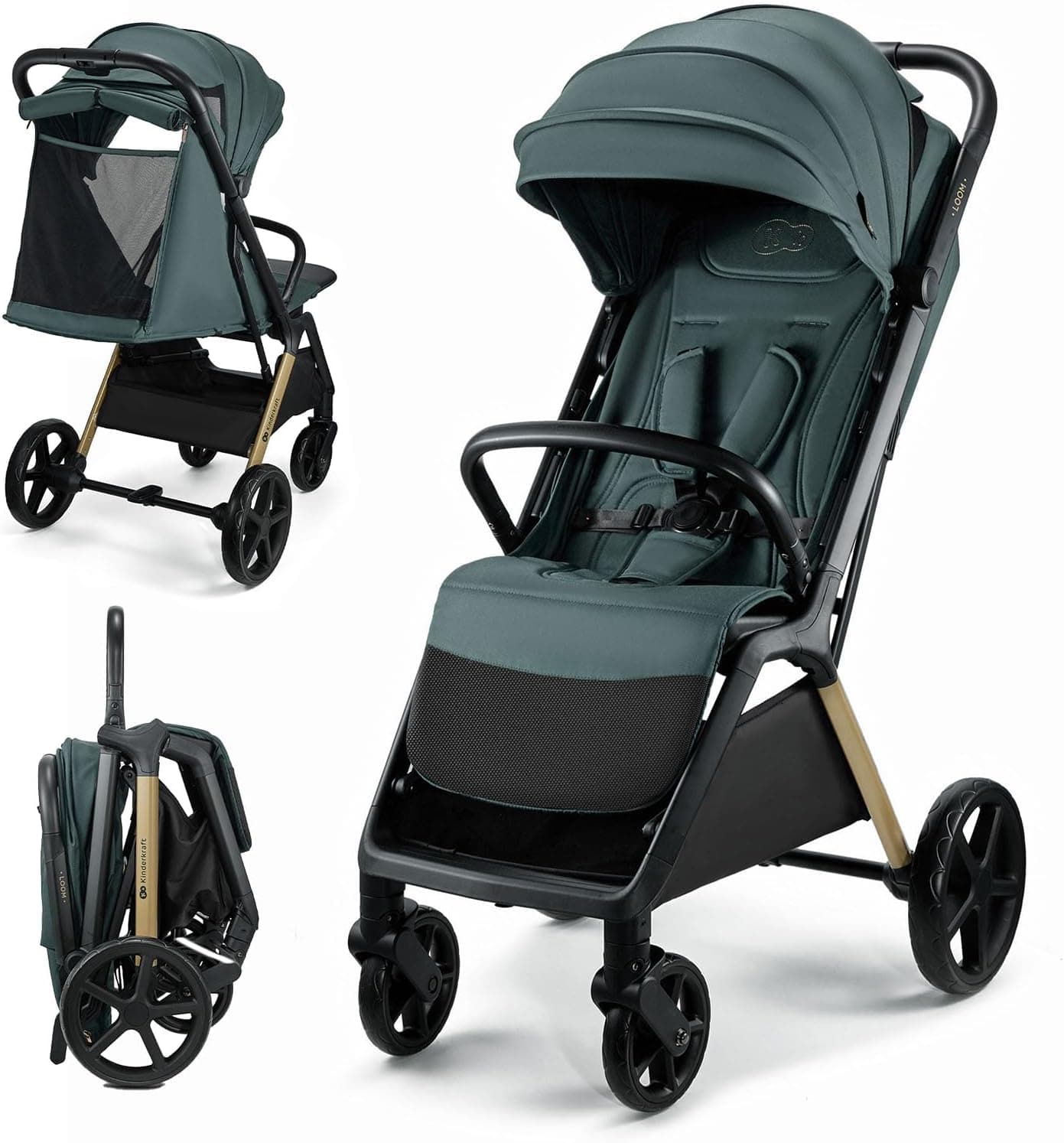 Kinderkraft LOOM Cadeira de passeio, carrinho de bebé, carrinho de bebé, suspensão, carga máxima de 27 kg, dobrável, fácil de dobrar, leve, capota extensível, cesta espaçosa, verde