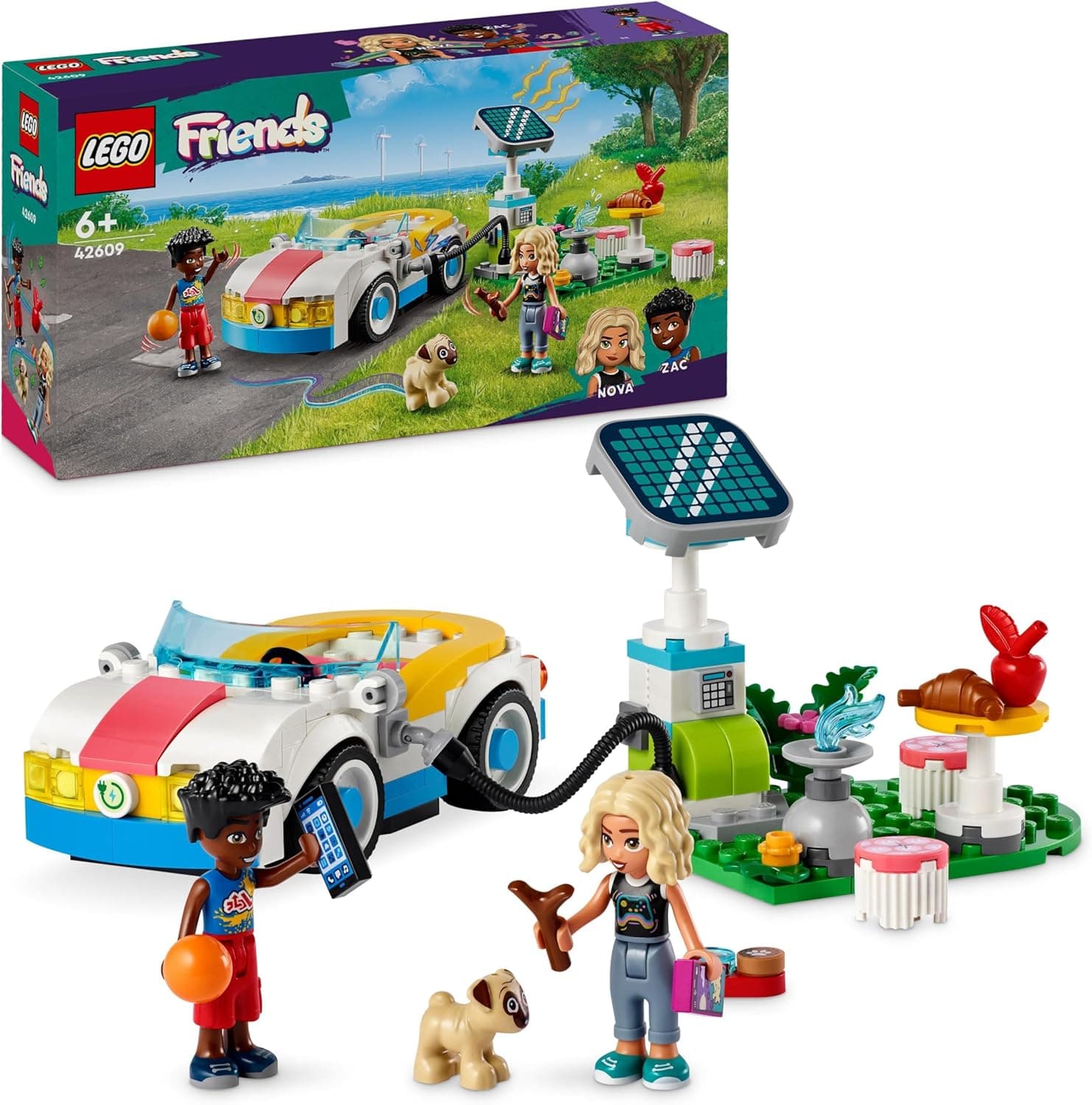 LEGO Friends Carro elétrico e carregador veículo de brinquedo para construir com mini bonecas de personagens Nova e Zac e figura de cão, presente para criança de +6 anos 42609