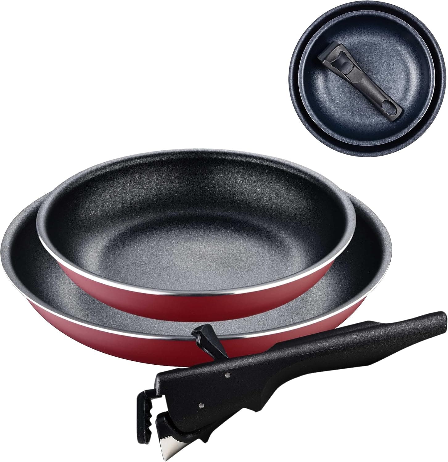 Bergner Click&Cook Red Edition Conjunto de frigideiras de 3 peças de 22 e 26 cm cabo ergonómico removível, alumínio prensado e anti-aderente, para todos os tipos de cozinha e forno