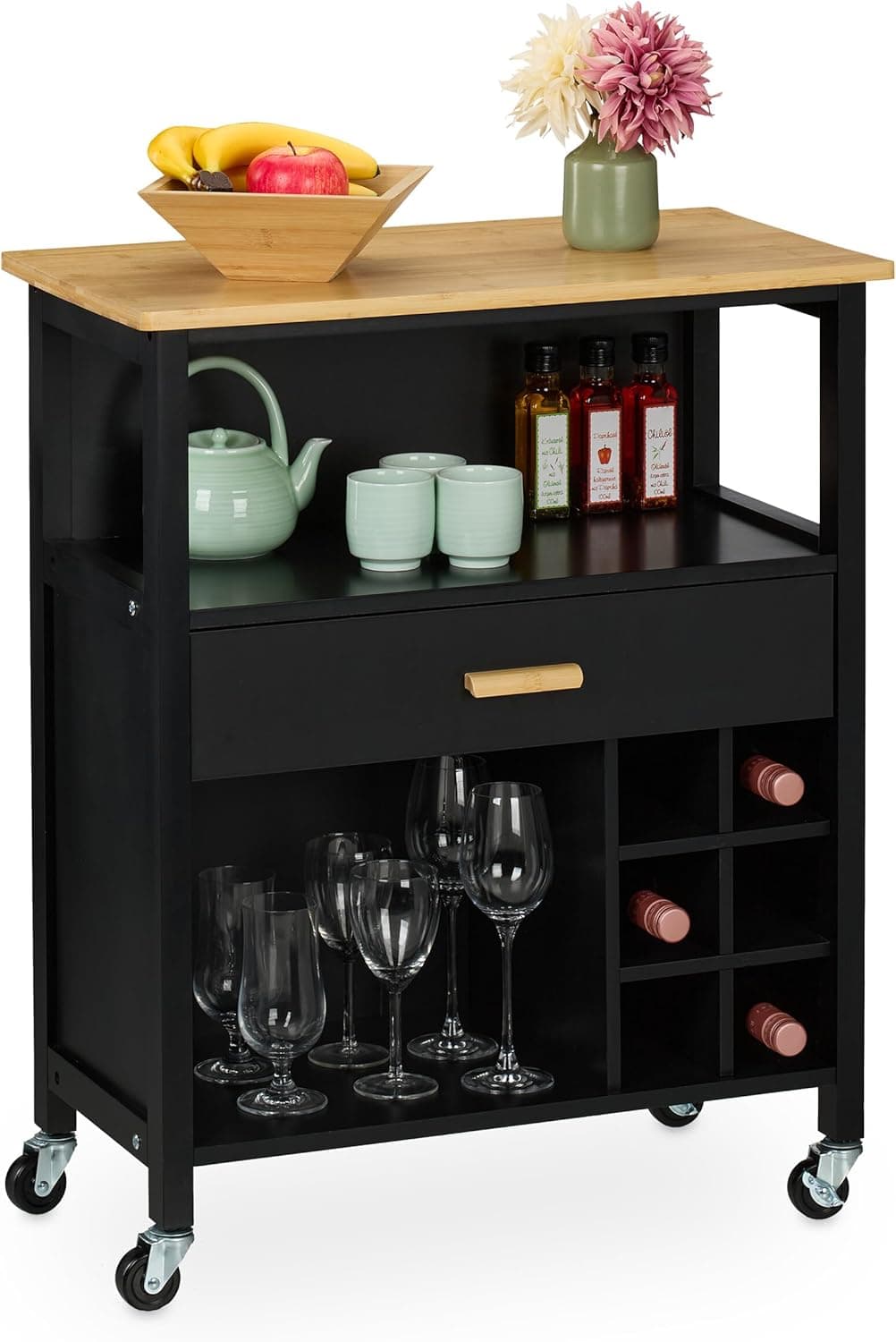 Relaxdays Kitchen Side Trolley | Carrinho de arrumação com garrafeira para 6 garrafas, gaveta e 2 compartimentos em bambu