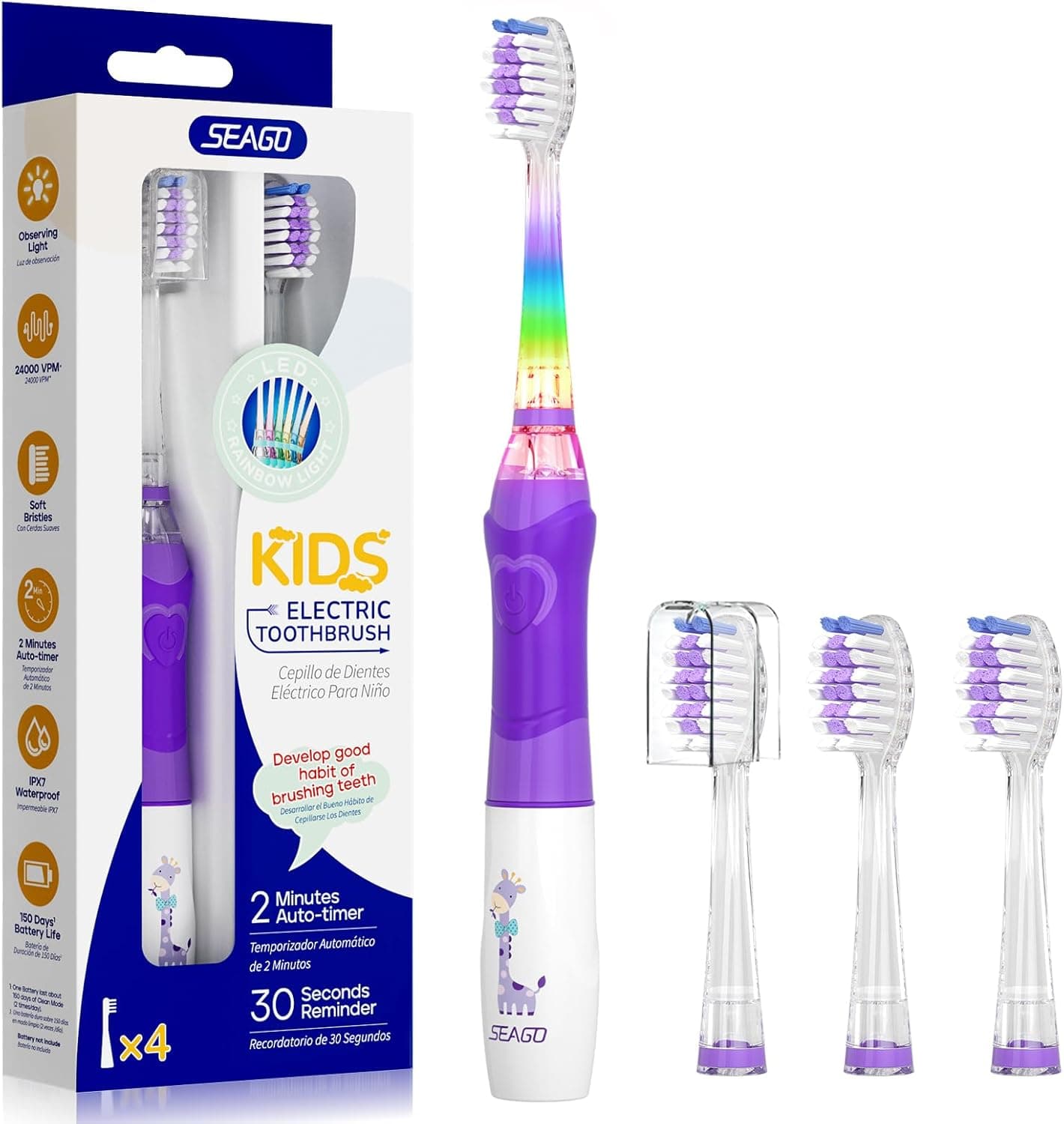 Escova elétrica infantil, Seago escova de dentes infantil com luz colorida, 4 cabeças de substituição extra macias, temporizador de 2 minutos, adequado para crianças acima de 3 anos SG977 (violeta)
