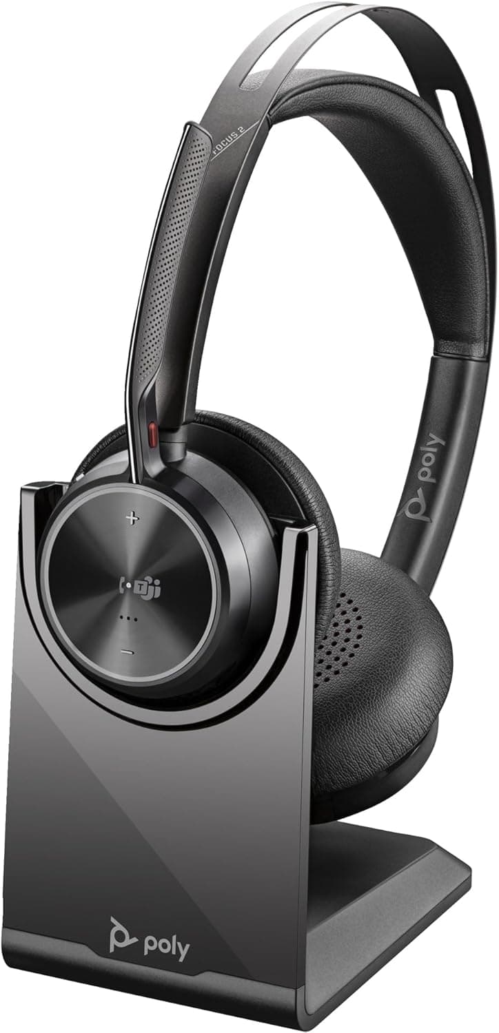Poly Voyager Focus 2 - Auricular sem fios Bluetooth e estação de carregamento, MS Teams, cancelamento de ruído, 25 horas autonomia, USB-C e adaptador USB-A, preto