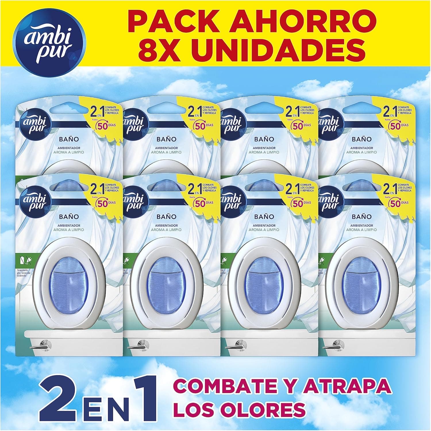 Ambipur Ambientador para casa de banho 1 embalagem (8 unidades x 50 dias) fragrância aroma limpo, elimina e evita maus odores na casa de banho, mega pack