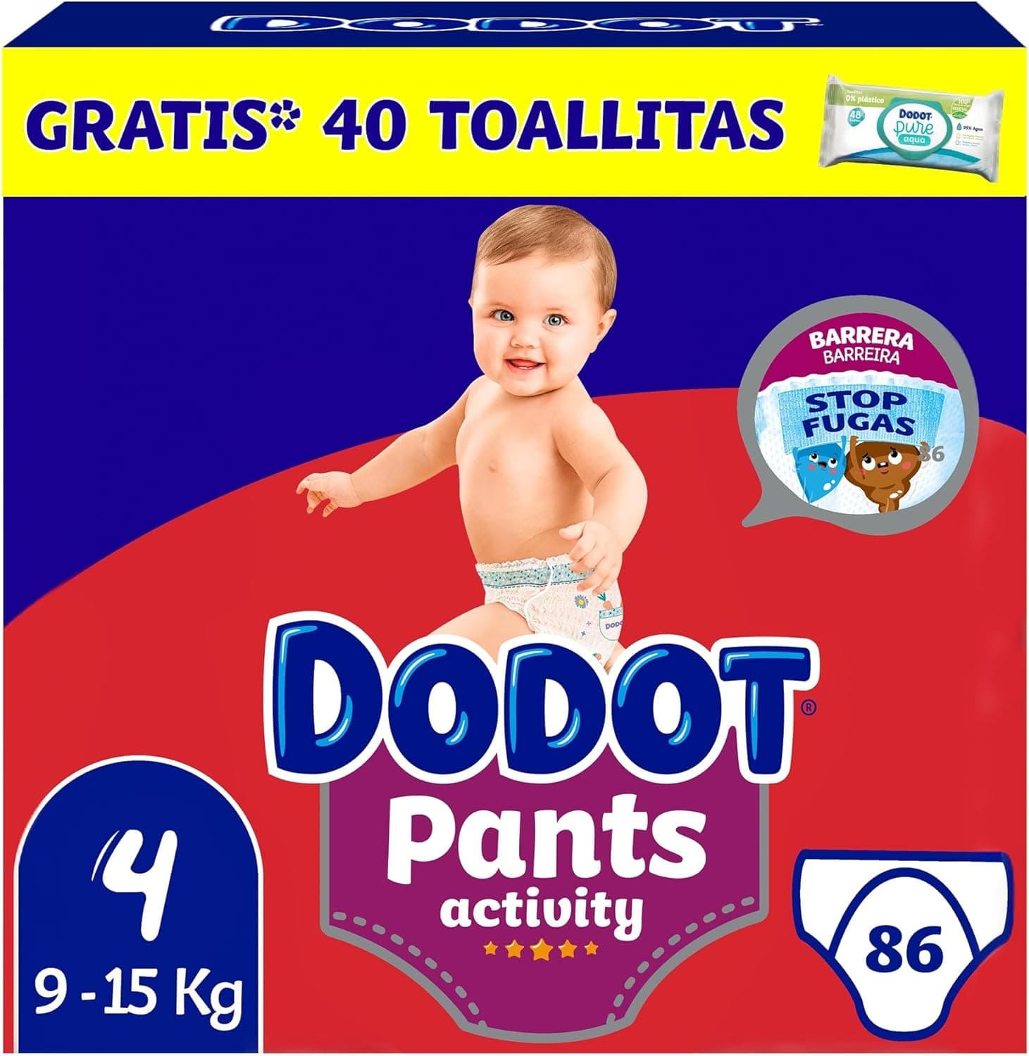 Dodot Activity Pants Fralda-cuecas tamanho 4, 86 fraldas, 9 kg - 15 kg + 1 embalagem de 40 toalhetes grátis cuidado total, pack mensal