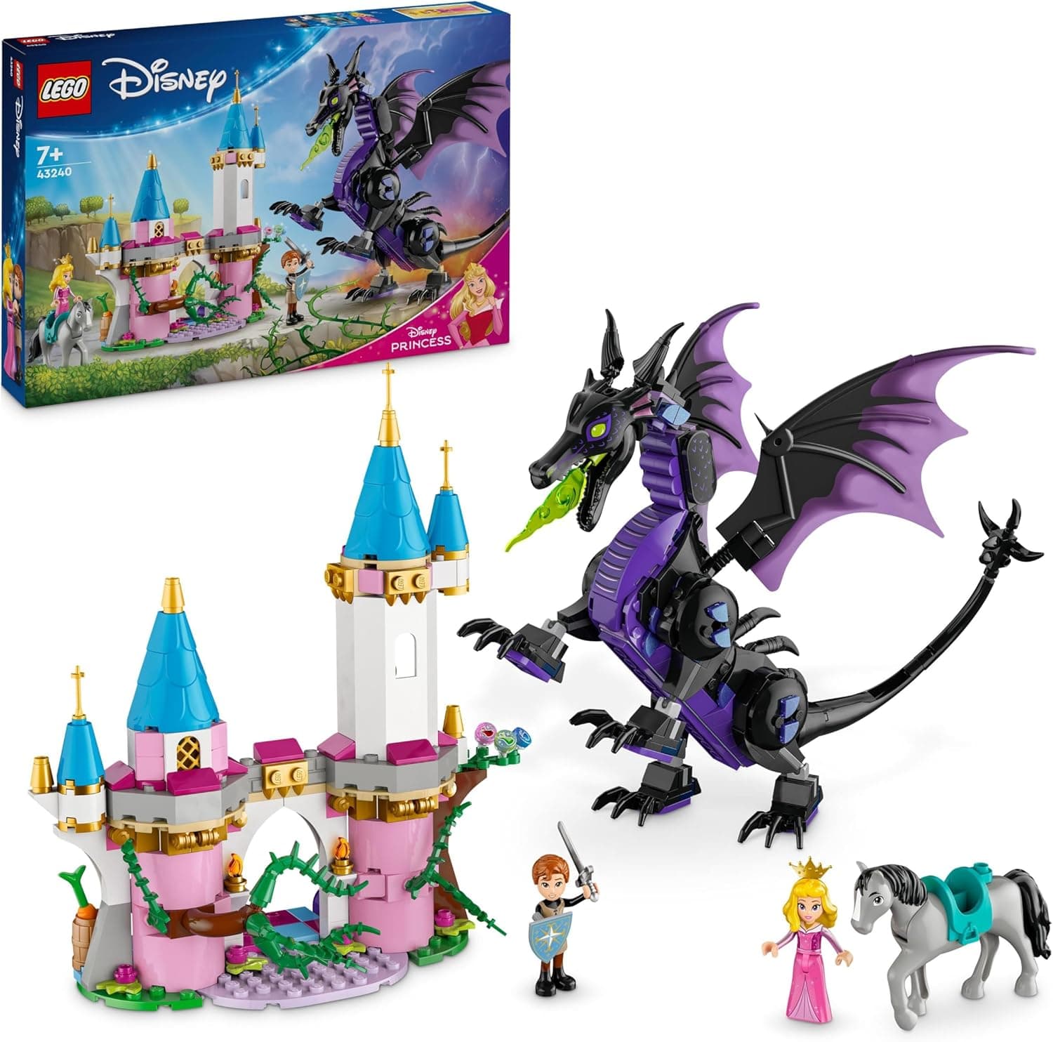 LEGO | Princesas da Disney Maléfica como Dragão 43240 | Brinquedo de construção com 583 peças, inclui mini bonecos da Aurora e Príncipe Philip, figura de cavalo, ponte com torre e dragão articulado com asas dobráveis.
