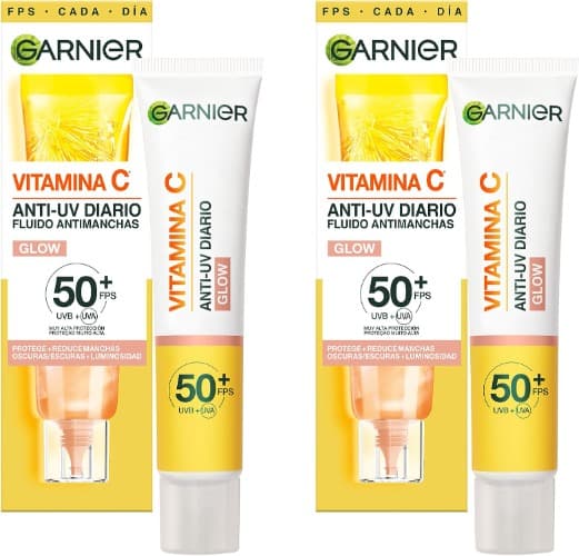 Garnier Vitamina C Fluido antimanchas, anti-UV, efeito diário Glow FPS50, protege, evita e reduz manchas, para todos os tipos de pele, 40 ml x 2