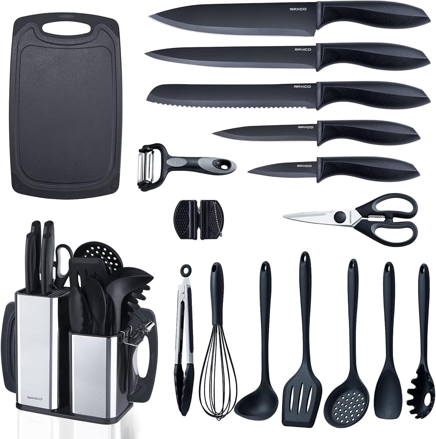 RAXCO Conjunto de facas de cozinha com bloco, 18 utensílios de cozinha com 5 conjuntos de facas e 7 palhetas de silicone, conjuntos de utensílios de cozinha, preto