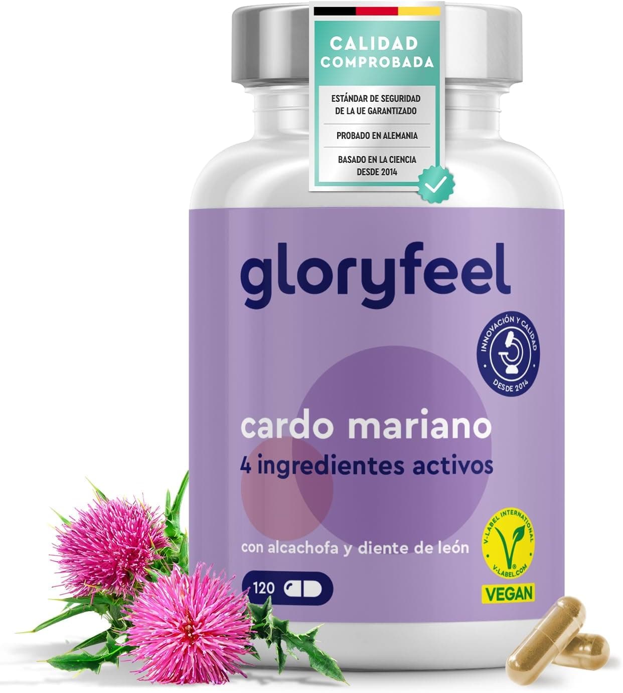 Cardo mariano 500 mg - com alcachofra, dente-de-leão e desmodium - alta dosagem de silimarina, 120 cápsulas veganas, testadas em laboratório, sem aditivos, fabricadas na Alemanha