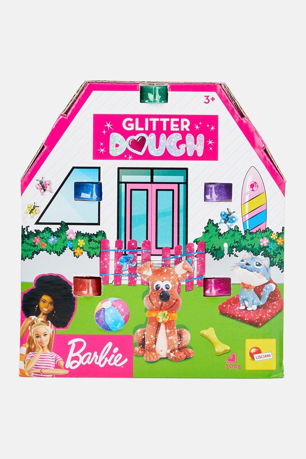 Liscianigiochi Barbie Glitter Dough Kit | Conjunto de plasticina brilhante com 5 frascos em forma de coração para crianças a partir dos 3 anos