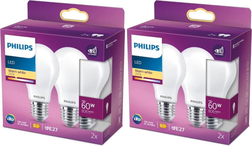 Philips Lâmpada LED de vidro, 60 W, E27, padrão, mate, luz branca quente, não regulável, conjunto de 2 unidades x 2