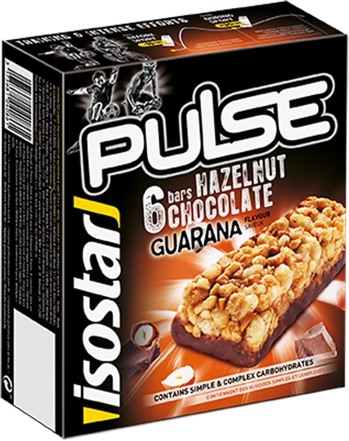 Isostar Barrinhas Pulse, barras de avelã com chocolate energéticas com hidratos de carbono de utilização rápida e progressiva, guaraná e alto teor de vitaminas, 6 x 23 g