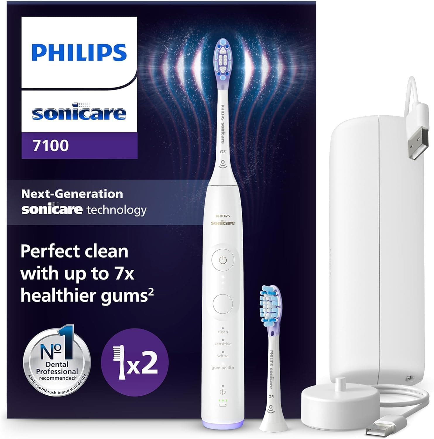 Philips Sonicare 7100 escova de dentes elétrica, sónica, aplicação, 4 modos de escovagem, 3 níveis de intensidade, EasyStart, branco, modelo HX7420/02