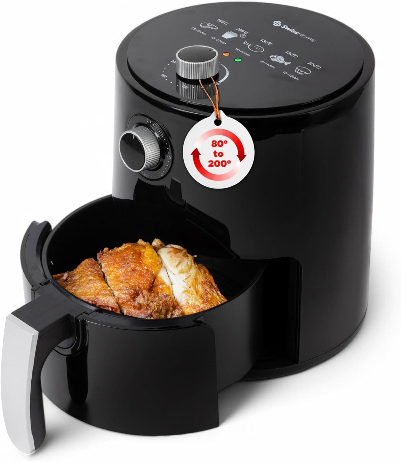 Z SwissHome PETIT Frigideira de ar quente 2,5 l 1200 W, temperatura 80 - 200 °C, temporizador 30 minutos, cesta removível, fritadeira sem óleo, proteção ao sobreaquecimento - pega antiderrapante