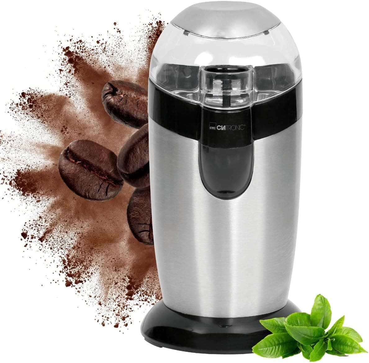 Clatronic KSW 3307 - Moedor elétrico de café, especiarias, sementes ou grãos, 120 W, capacidade 40 g, 20 chávenas de café, lâminas de aço inoxidável, tamanho compacto, acabamento em aço inoxidável