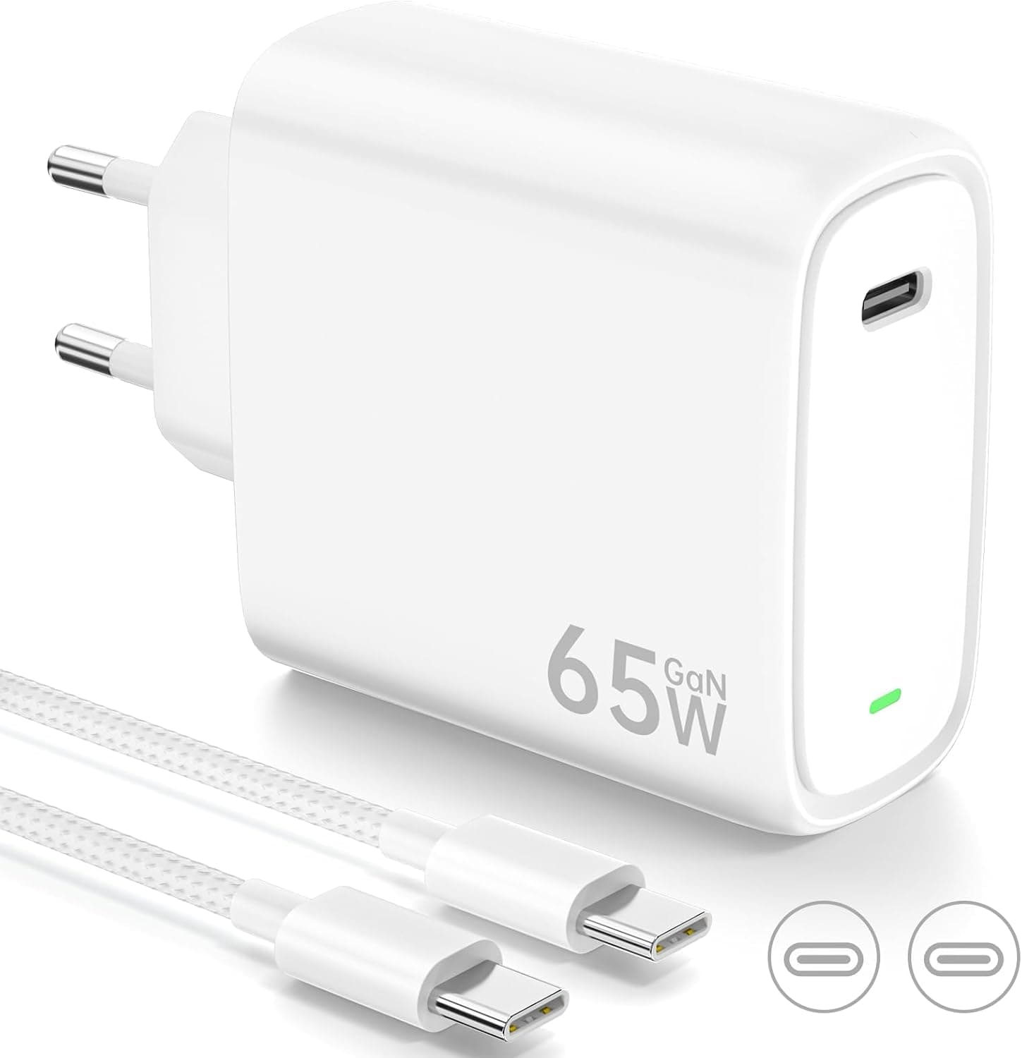 Carregador USB C 65W USB C Charger com tecnologia PD3.0 e GAN II carregador rápido USB C PPS com cabo USB C 2M compatível para iPhone 15 Pro/MAX, para Galaxy S24/23/S22, para MacBook Pro/Air, etc