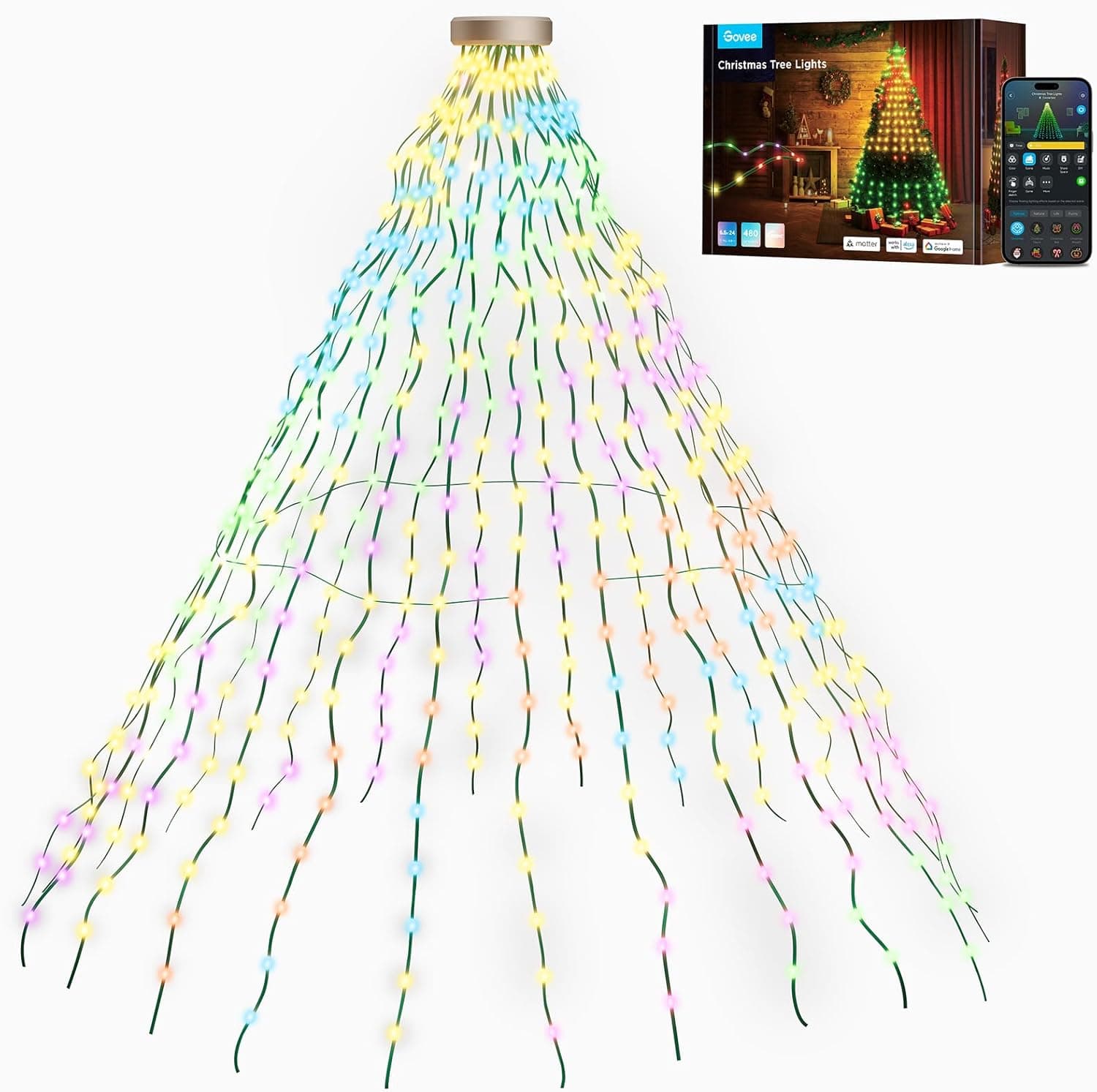 Govee Luzes árvore de Natal, RGBIC 480 LEDs luzes de Natal com anel, 2 m x 24 tiras grinalda luzes, IP65 impermeável, música Sync, controlo por voz, 60 modos de cena para o Dia das Bruxas, Green Wire