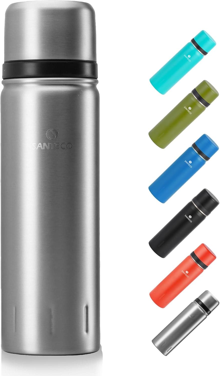 SANTECO Stainless Steel | Garrafa térmica em aço inoxidável 1 L com copo, mantém bebidas quentes 12 h e frias 24 h, livre de BPA