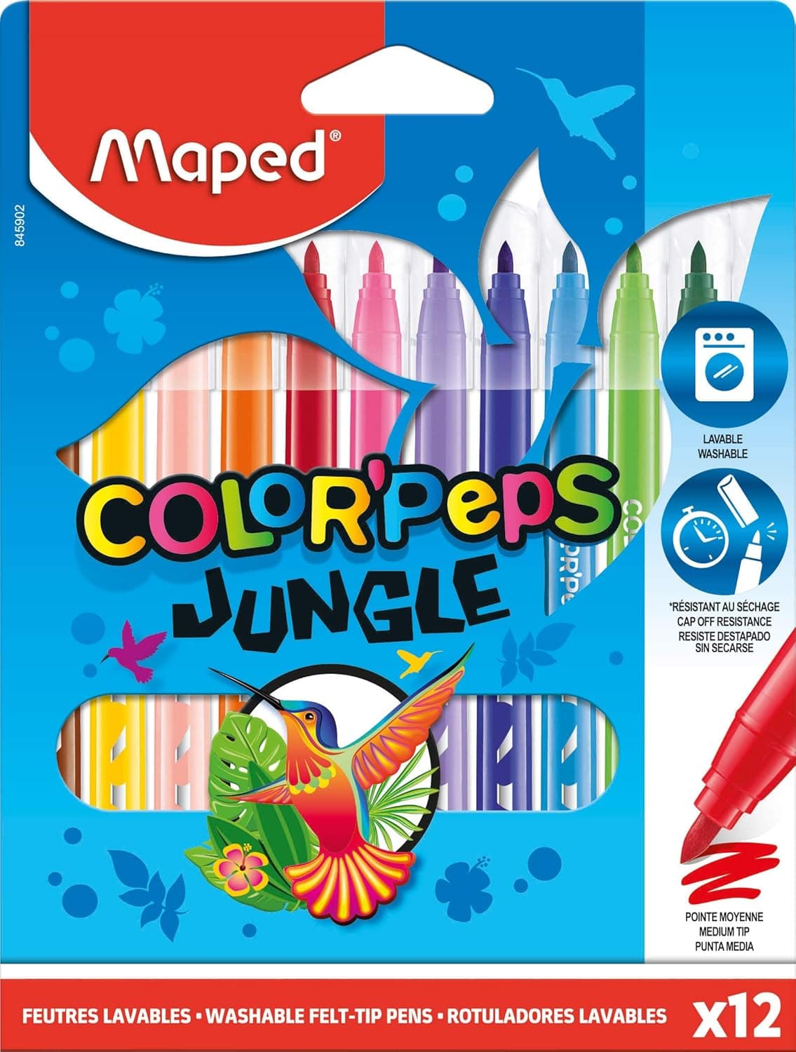 Maped - Marcadores de cores para crianças - Color's Peps Jungle - 12 marcadores de ponta gorda - tinta ultra lavável - grande resistência à secagem - variedade de cores