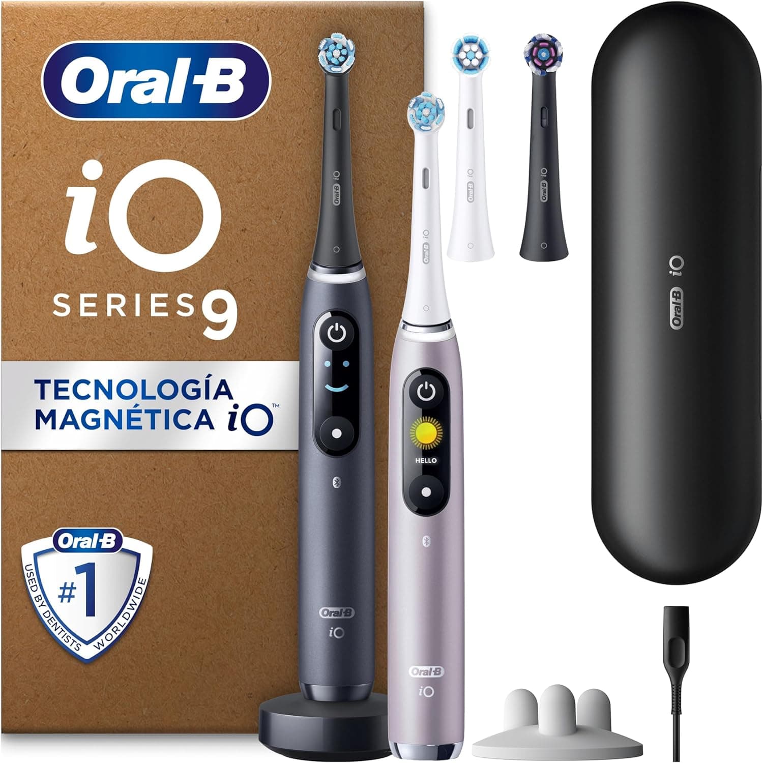 Oral-B iO 9 Escova de dentes elétrica preta e rosa, 3 cabeças, 1 estojo carregador de viagem, desenhado por Braun