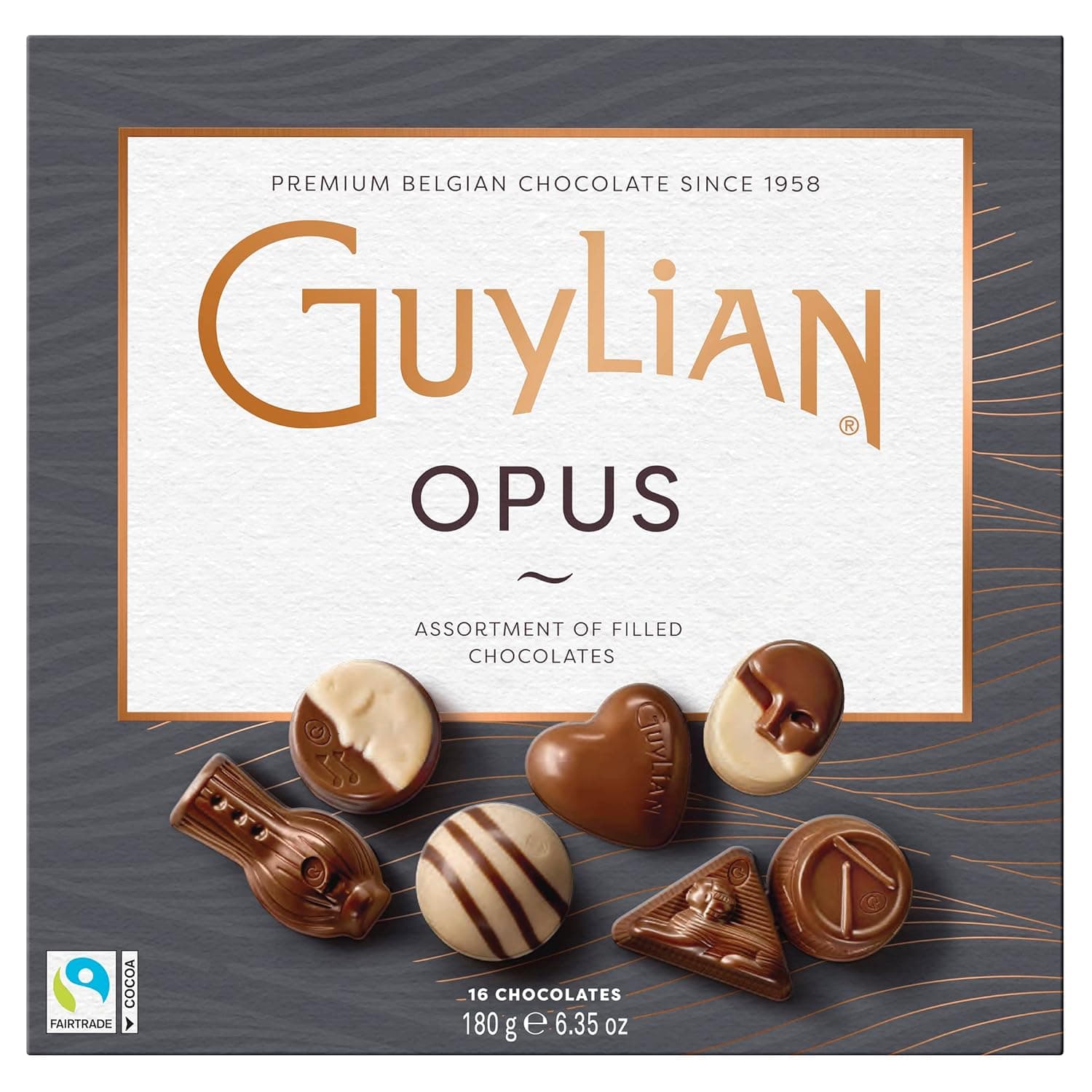 Guylian - Chocolate Opus, variedade de bombões, chocolate recheados de paliné de avelãs, sabores diferentes, 16 unidades - 180 g