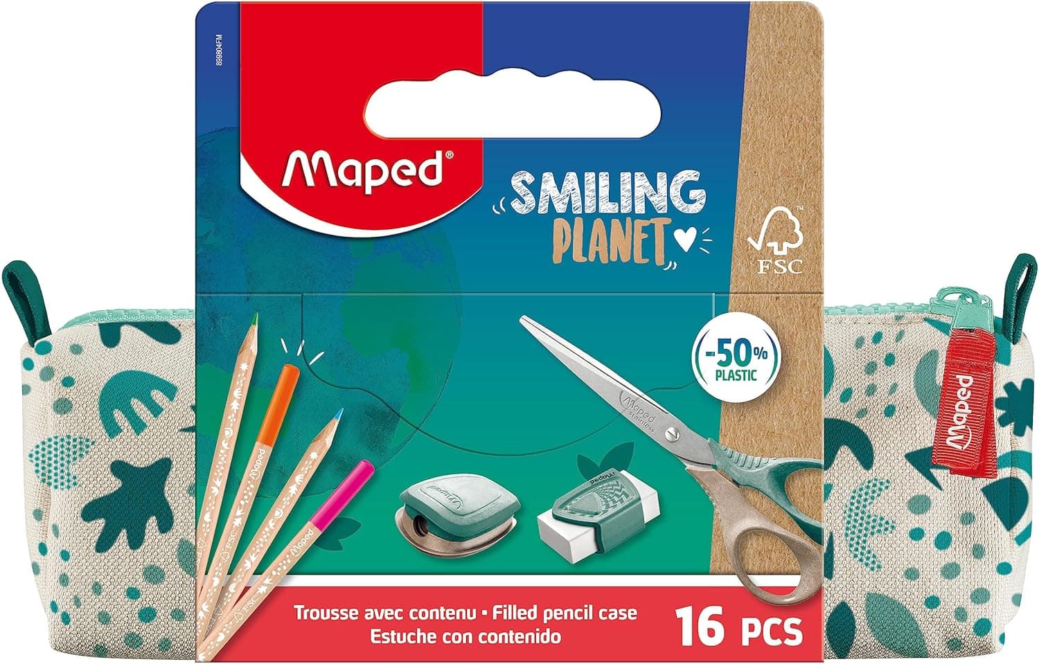 Maped Estojo Smiling Planet com material escolar, estojo escolar de tecido 12 lápis de cor FSC 1 tesoura de 16 cm 1 apontador com reserva + 1 borracha branca