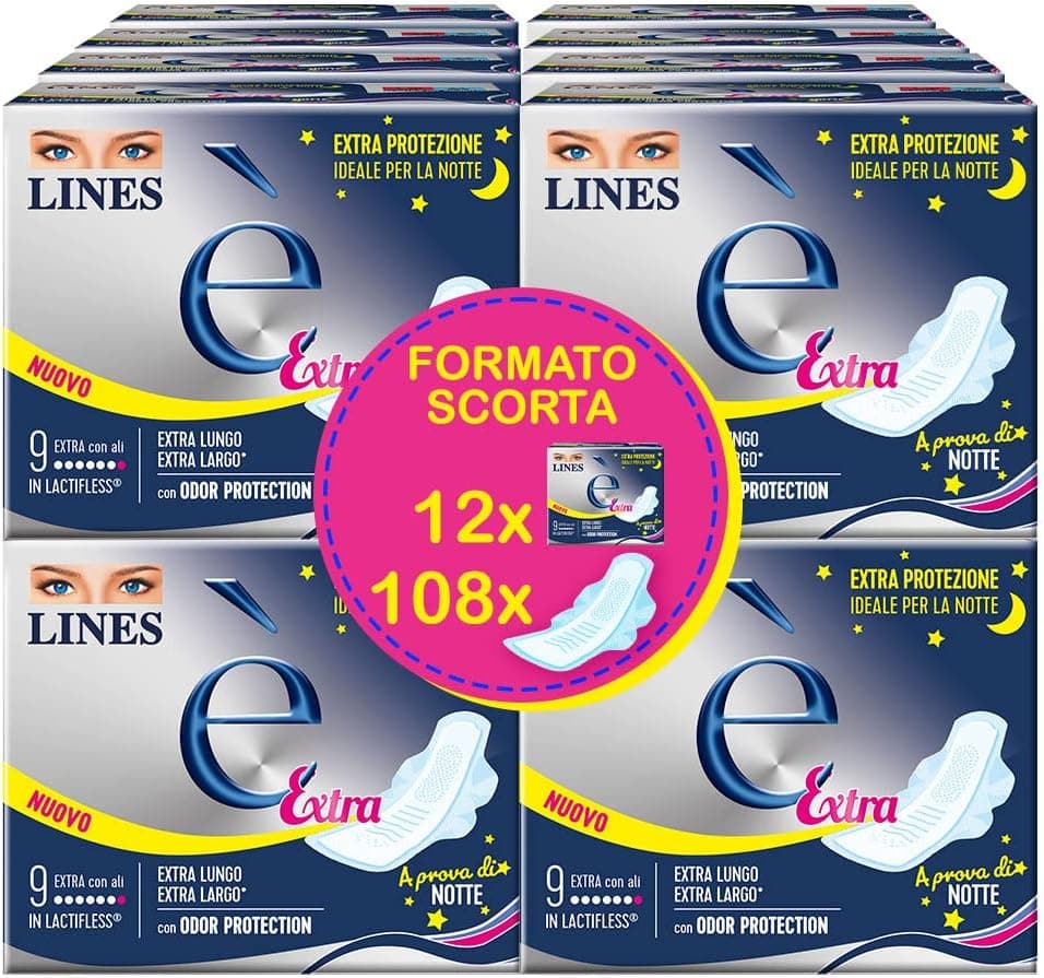 Lines É extra com asas absorventes de lactiflex, embalagem de 108 peças