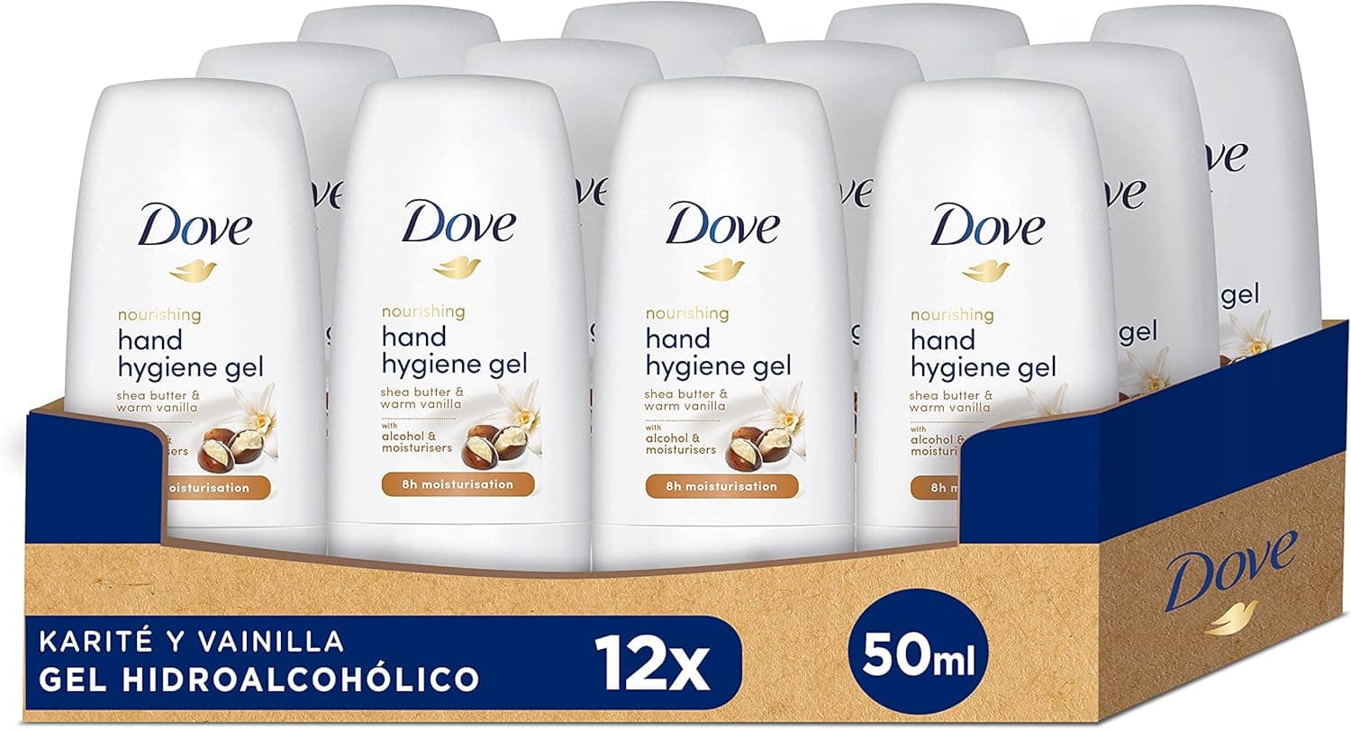 Dove Gel hidroalcoólico manteiga de karité e baunilha, higiene e 8 h de hidratação de origem natural para todos os tipos de pele, embalagem de 12 x 50 ml