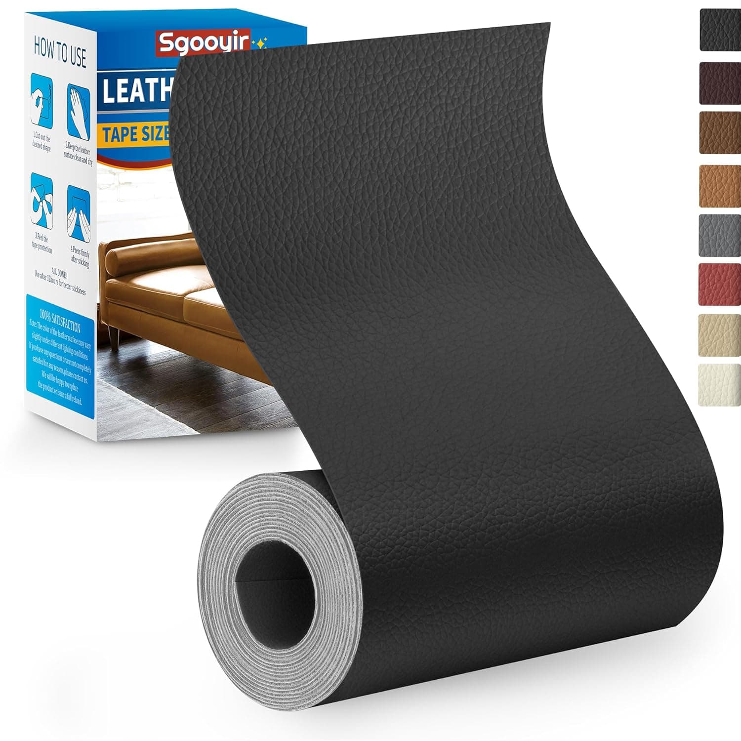 Sgooyir Remendo de couro autocolantes, 10 x 160 cm, couro autocolante para tapeçaria, kit de reparação de couro para móveis, sofás, assentos de carro preto