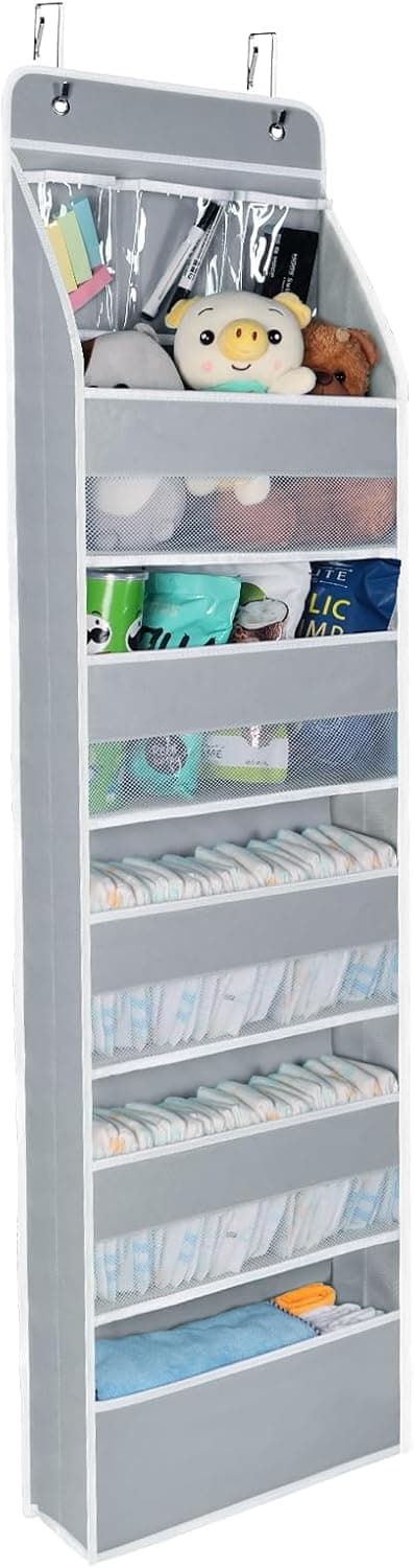 Organizador de armazenamento para pendurar sobre a porta do berçário com 5 bolsos grandes e 3 pequenos bolsos de PVC para cosméticos, brinquedos, armário, quarto, escritório