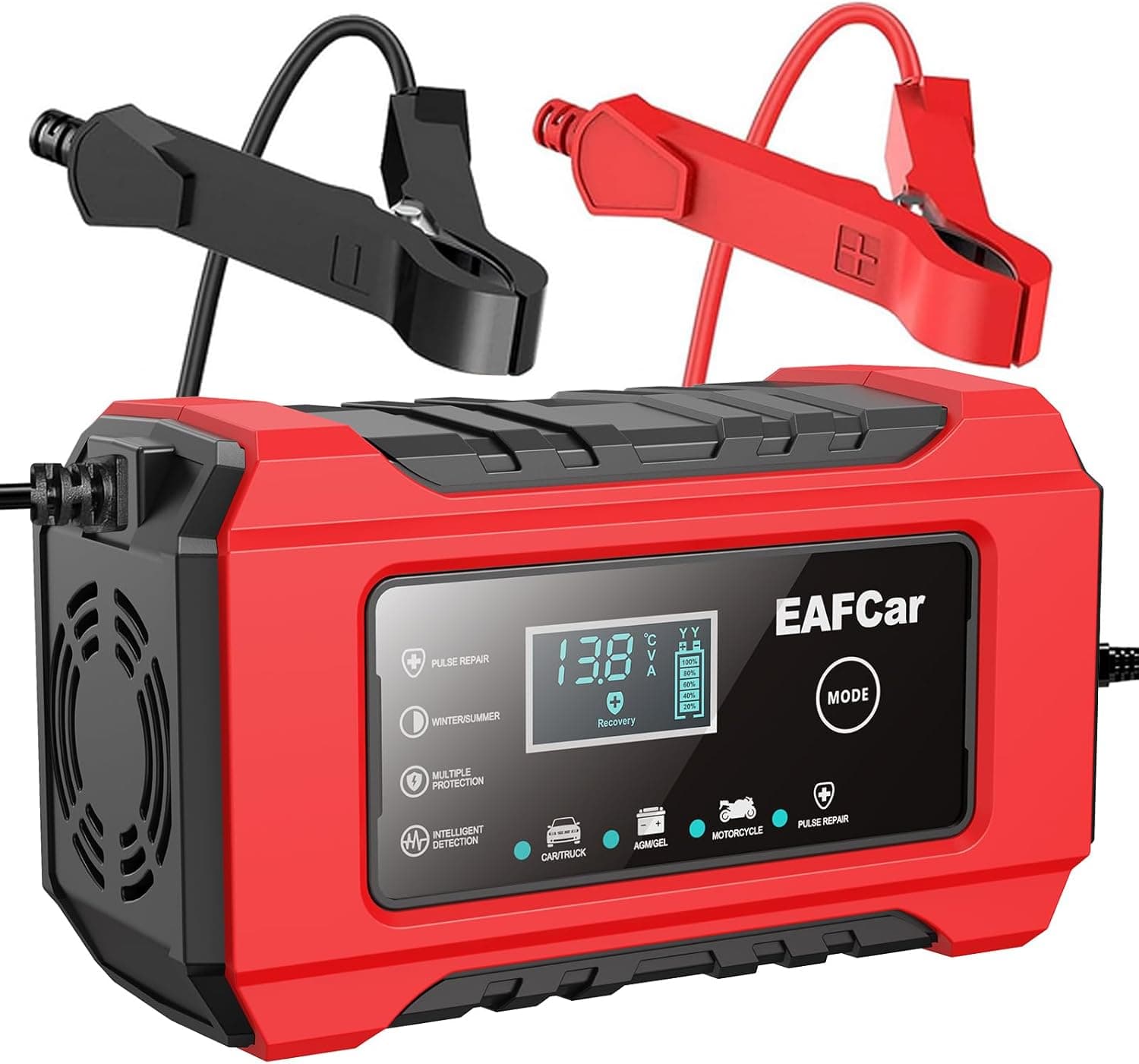 EAFCar Carregador de bateria de carro de 6 A, baterias de lítio de 12 V e baterias de chumbo-ácido, carregador de bateria inteligente com ecrã LCD para carro, camião, moto, corta-relvas, barco