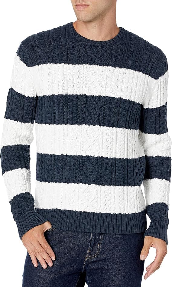 Amazon Essentials Camisola 100 % algodão com trançado grande e gola redonda para homem